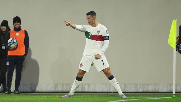 Cristiano Ronaldo pictured celebrating after scoring two goals for Portugal against Luxembourg in March 2023